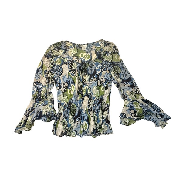 Charlotte Russe Tops - Y2K Charlotte Russe Floral Women Phoebe Buffay Green Blue Bell Sleeves Size L